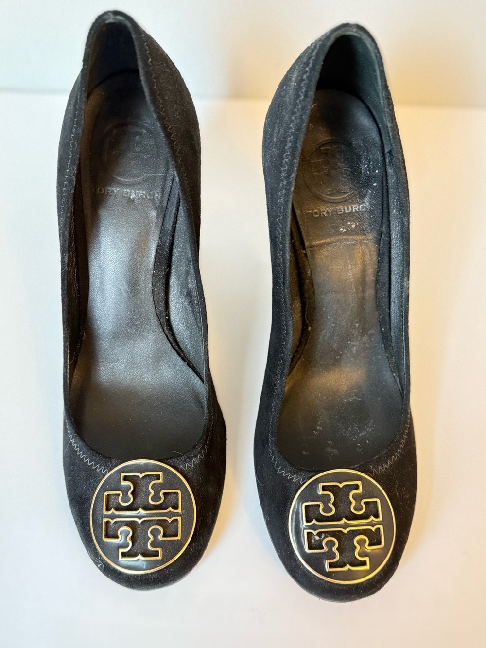Tory Burch Black Suede block heels with Gold Logo Medallions